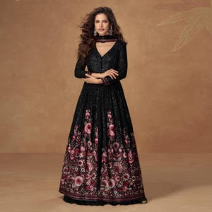 Luxe Black Chinnon Silk Anarkali Dress | Floral Print with Dupatta | Wedding Guest Indian Gown & Special Occasion Ensemble
