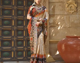 Sari de seda Gajji beige y naranja hecho a mano: ropa étnica nupcial