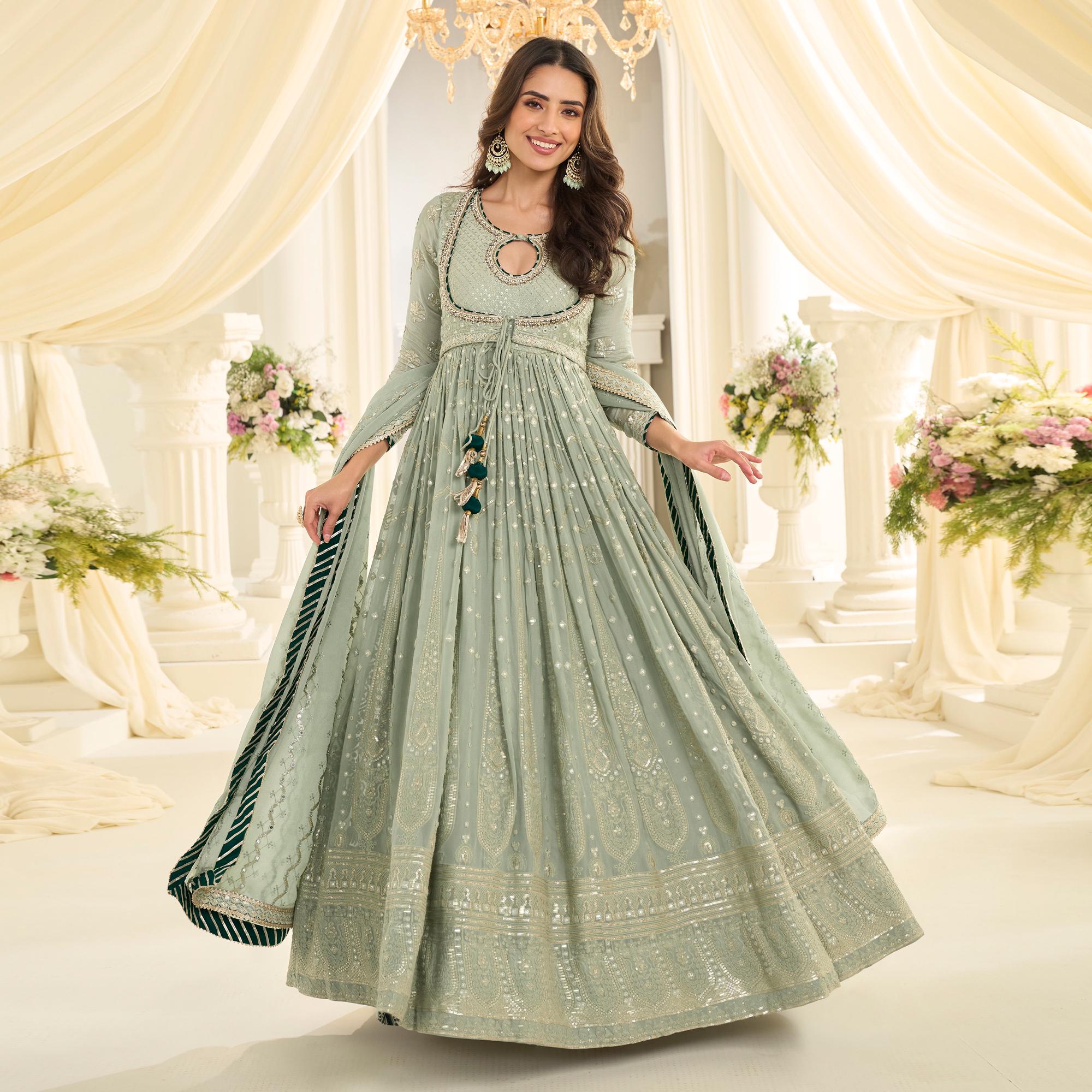 green emerald velvet dress Custard Apple- Sage Green Thread Embroidered Mul Chanderi Anarkali Set main image 1