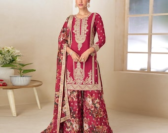 Conjunto de kurta shara con bordado floral rojo: atuendo de dama de honor india