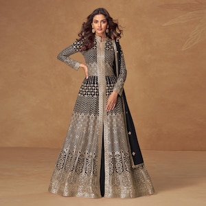 Bestickter Georgette Anarkali-Anzug: Pailletten-Brautensemble mit Rock & Dupatta