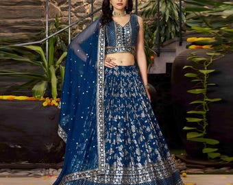 Navy Blue Silk Lehenga Choli: Sequins & Zari Embroidered Sangeet Wear