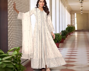 White Faux Georgette Anarkali Suit: Elegant Indian Wedding Party Wear