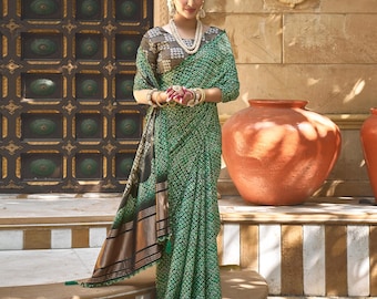 Sari de seda Gajji verde jade: blusa de satén bordada a mano, un lujo nupcial