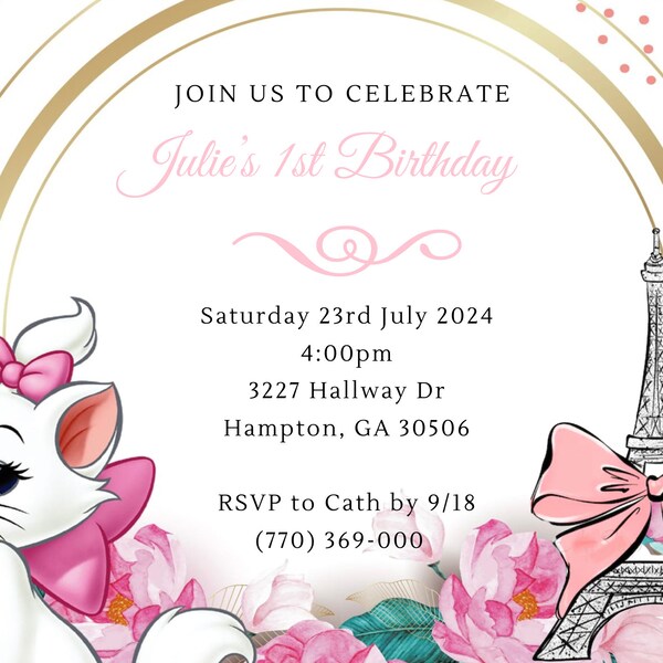 Aristocats First Birthday Invitation Self Edit with Canva Instant Download