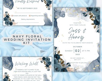 Navy Floral Wedding Invitation Kit Printable Fully Editable Instant Download