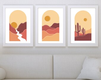 3 Arched Calming Desert Mountains Sunset Printable Wall Art Digital Downloads