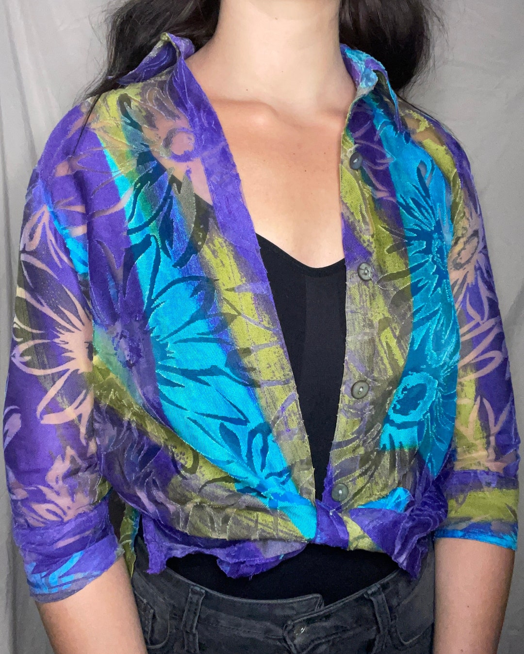 Vintage Earth Tone Print Button Down Blouse Slinky main image 1