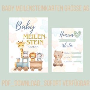 Könnte beinhalten: Zwei Baby-Meilensteinkarten mit Aquarellillustrationen. Eine Karte zeigt einen Zug mit einer Giraffe, einem Nilpferd, einem Löwen und einem Zebra. Die andere Karte hat einen Bären und Platz für Babys Details. Text enthält "Baby", "Meilenstein" und "Hurra ist da".