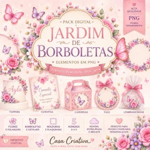 Könnte beinhalten: Ein digitales Grafikpaket mit dem Titel JARDIM DE BORBOLETAS, das rosa und violette Blumenarrangements, Schmetterlinge und Party-Papeterie-Elemente wie Tortenaufleger, Einladungen, Geschenkboxen, Anhänger und Gastgeschenke auf einem hellrosa Hintergrund zeigt.