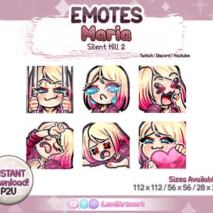 Könnte beinhalten: Ein Set aus sechs digitalen Emojis mit einer Comicfigur mit blonden Haaren und pinken Strähnen. Die Figur wird in verschiedenen Ausdrücken gezeigt, darunter Weinen, Lachen und das Halten eines Herzens. Die Emojis sind mit "EMOTES Maria Silent Hill 2" und "Verfügbare Größen: 112 x 112/56 x 56/28 x 28" beschriftet.