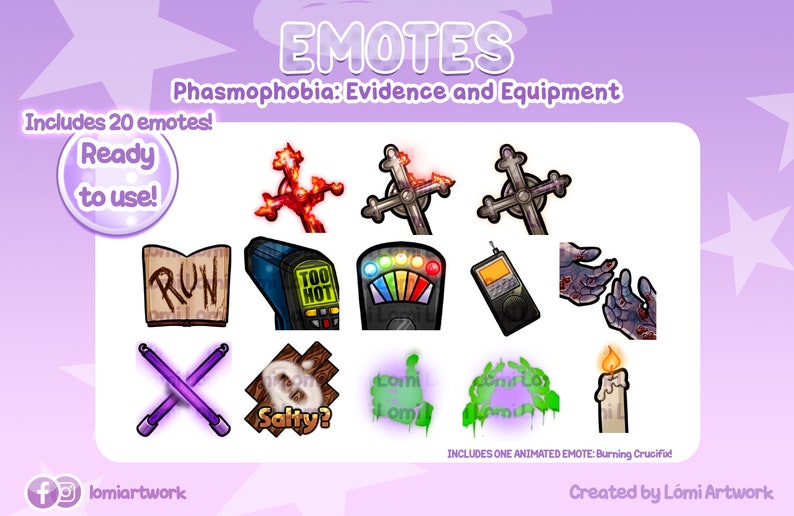 May include: A set of 20 digital emotes for the game Phasmophobia. The emotes feature various items and evidence found in the game, including a crucifix, a thermometer, a spirit box, and a candle. The emotes are designed in a cartoon style and are ready to use.