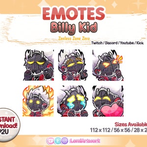 May include: A set of six animated emotes featuring a character named Billy Kid from the game Zenless Zone Zero. The emotes are in various poses and expressions, including a thumbs up, a surprised face, a crying face, and a heart-shaped face. The emotes are available in three sizes: 112 x 112, 56 x 56, and 28 x 28.