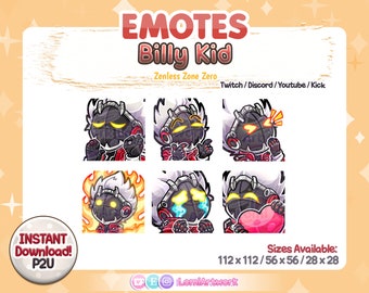May include: A set of six animated emotes featuring a character named Billy Kid from the game Zenless Zone Zero. The emotes are in various poses and expressions, including a thumbs up, a surprised face, a crying face, and a heart-shaped face. The emotes are available in three sizes: 112 x 112, 56 x 56, and 28 x 28.