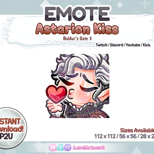 ASTARION Kiss Emote - Baldur's Gate 3 - Twitch/Discord/Youtube/Kick - 6 Instant Download/P2U Chibi Style Emotes - RPG Dungeons and Dragons