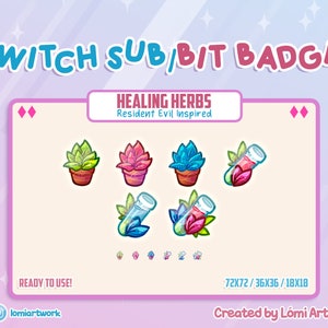 Puede incluir: Conjunto de ocho insignias de Twitch sub/bit con hierbas curativas verdes, rosas y azules en tubos de ensayo y macetas. Las insignias están inspiradas en Resident Evil y están disponibles en tres tamaños: 72x72, 36x36 y 18x18 píxeles.
