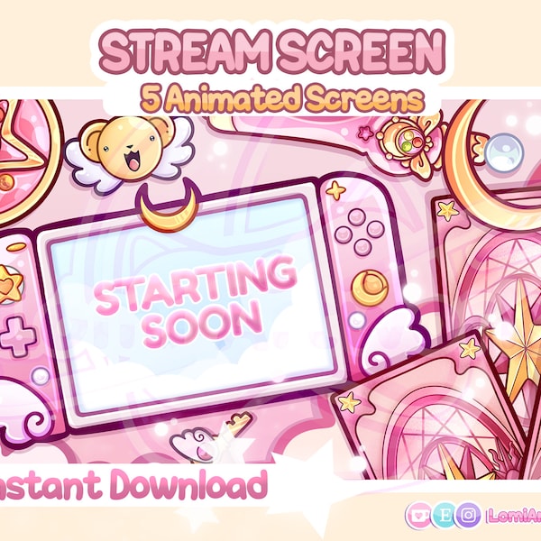 Cute Magical Girl - 5 Animated Stream Overlay Scene - Cute Pink -Sakura Card Captor / Sailor Moon Desk - Twitch/Youtube/Kick Mahou Shoujo