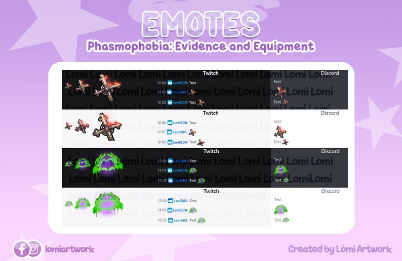 May include: A set of animated Twitch and Discord emotes for the game Phasmophobia. The emotes feature a burning crucifix, a ghost with glowing green eyes, and a purple and green ghost. The emotes are designed by Lomi Artwork.