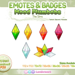 May include: A set of six digital illustrations of mood plumbobs from The Sims video game. The plumbobs are in various colors, including green, yellow, red, and blue. The plumbobs are in different sizes, ranging from 112 x 112 pixels to 18 x 18 pixels. The text "EMOTES & BADGES Mood Plumbobs The Sims Twitch/Discord/Youtube" is at the top of the image. The text "INSTANT Download! P2U" is in the bottom left corner of the image. The text "Sizes Available: 112 x 112/72x72/56x56/36x36/28x28/18x18" is in the bottom right corner of the image.