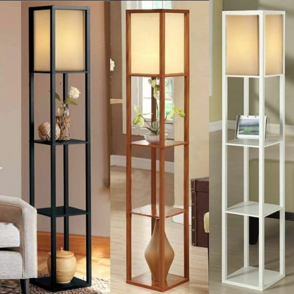 Modern Floor Lamp Standing Light Shelf with 4-tiers Unit Open Shelves Wooden, Home Decor, Night Lamp, Living Room, Bedroom, NIGHTN