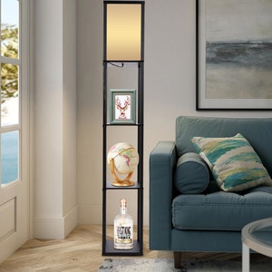Modern Floor Lamp Standing Light Shelf with 4-tiers Unit Open Shelves Wooden, Home Decor, Night Lamp, Living Room, Bedroom, NIGHTN Black