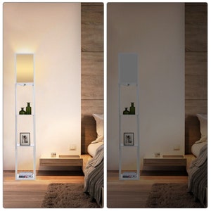 Modern Floor Lamp Standing Light Shelf with 4-tiers Unit Open Shelves Wooden, Home Decor, Night Lamp, Living Room, Bedroom, NIGHTN White