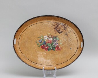Antique Napoleon III Style Tray: Floral & Fruit Decoration, Mid 19th Century