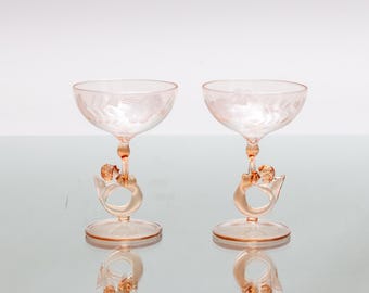 antique Art Nouveau Glass set – rare LAUSCHA BIMINI mermaid glass duo by Fritz Lampl, Vienna 1920s pink liqueur glasses
