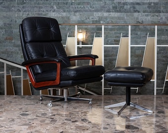 Lübke Black Leather Lounge Chair with Ottoman, 1960s Mid-Century Modern Swivel Armchair