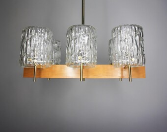 Vintage Österreichischer Kristall Kronleuchter - Mid Century Holz & Messing Deckenlampe