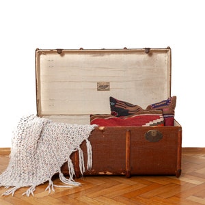 Vintage Travel Trunk – Antique overseas suitcase from 1920s, old wicker suitcase for travel, old trunk