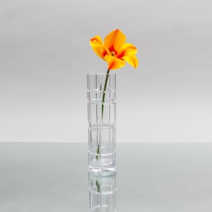 Modern vintage glass vase, elegant cylinder made of cut crystal glass, minimalist flower vase