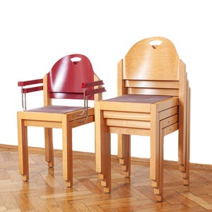 Memphis Style THONET chairs in Postmodern Design – 6x 1990s Austrian beech wood stackable armchairs
