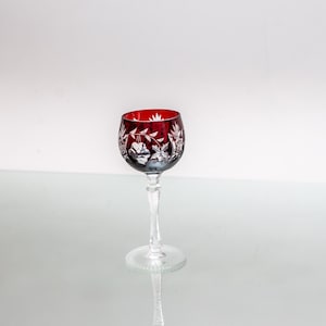 Bohemian Ruby Wine Glass – cut to clear red crystal glass goblet with floral engraving vintage Czech glassware