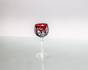 Bohemian Ruby Wine Goblet: Cut Crystal Floral Engraving, Vintage Czech Glassware