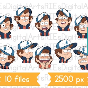 May include: A collection of ten cartoon character illustrations with various facial expressions. The character wears a blue and white cap with a tree emblem, a blue jacket, and a red shirt. The image includes file type options and pixel dimensions.