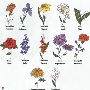 May include: A chart showing a different flower for each month of the year. The flowers are illustrated in a simple line drawing style. The flowers are: Carnation, Iris, Daffodil, Daisy, Lily, Rose, Larkspur, Gladiolus, Aster, Marigold, Chrysanthemum, and Narcissus.