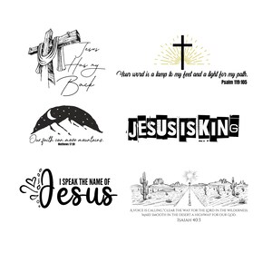 May include: A collection of five Christian-themed designs featuring inspirational quotes and imagery. The designs include a cross with a crown of thorns, a mountain range with a crescent moon, a cross with a sunburst, a text-based design that says "JESUS IS KING", and a desert landscape with a cross and the text "A voice is calling 'Clear the way for the Lord in the wilderness, make smooth in the desert a highway for our God.' Isaiah 40:3".