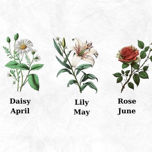 Op de afbeelding: Illustratie van drie bloemen met hun bijbehorende maanden: een witte madeliefje voor april, een witte lelie voor mei en een rode roos voor juni.