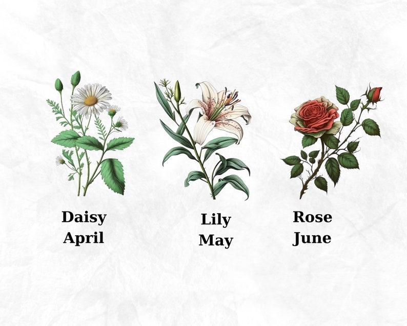 Op de afbeelding: Illustratie van drie bloemen met hun bijbehorende maanden: een witte madeliefje voor april, een witte lelie voor mei en een rode roos voor juni.