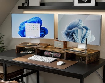 Dual Monitor Riser with Slots Wood | Computer Riser | Monitor Stand | Wood Monitor Stand | Desk Organizer | Rustic Desk | Modern Desk