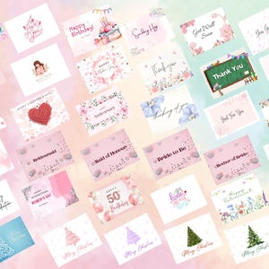 May include: A collection of greeting cards with various designs and messages. The cards feature floral patterns, illustrations, and text such as "Happy Birthday," "Thank You," and "Merry Christmas." The color palette includes pink, white, and green.