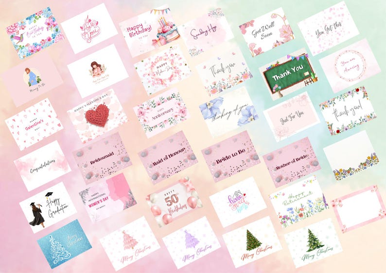 May include: A collection of greeting cards with various designs and messages. The cards feature floral patterns, illustrations, and text such as "Happy Birthday," "Thank You," and "Merry Christmas." The color palette includes pink, white, and green.