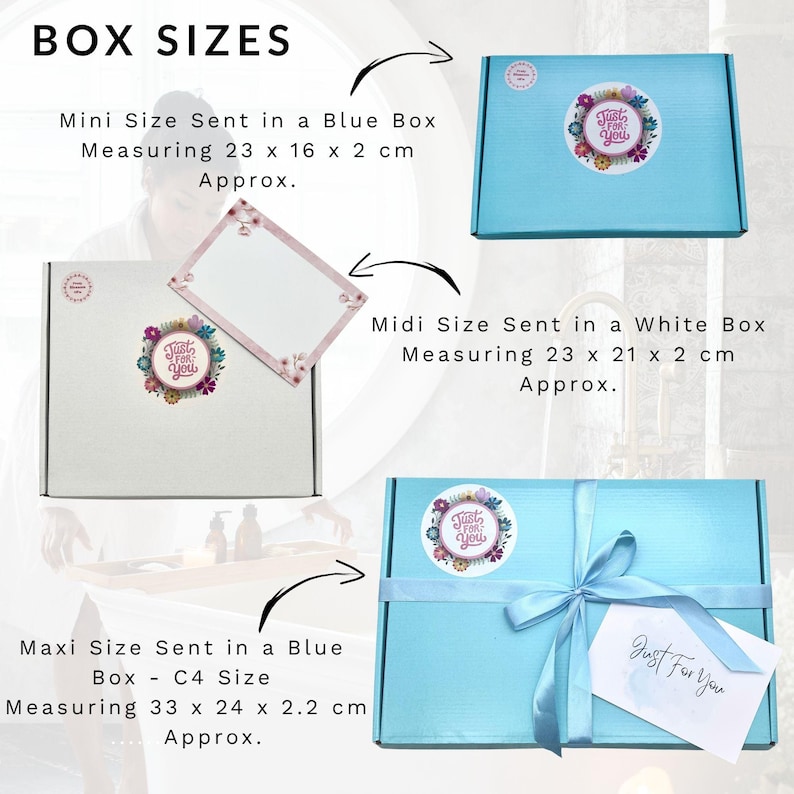 May include: Image showing three gift boxes of varying sizes. The mini size is in a light blue box, approximately 9 x 6.3 x 0.8 inches. The midi size is in a white box, approximately 9 x 8.3 x 0.8 inches. The maxi size is in a light blue box, approximately 13 x 9.4 x 0.9 inches.