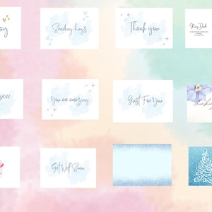 May include: A collection of 12 greeting cards with various designs and messages. The cards feature watercolor backgrounds with handwritten text. Some of the messages include "Happy Birthday", "Sending Hugs", "Thank You", "I Love You", "You Are Amazing", "Just For You", "Thinking Of You", "Love You", "Get Well Soon", and "Merry Christmas".
