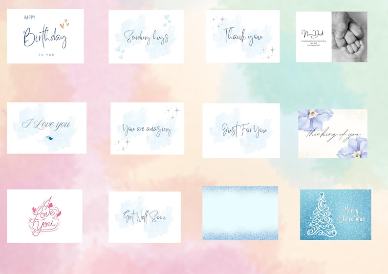 May include: A collection of 12 greeting cards with various designs and messages. The cards feature watercolor backgrounds with handwritten text. Some of the messages include "Happy Birthday", "Sending Hugs", "Thank You", "I Love You", "You Are Amazing", "Just For You", "Thinking Of You", "Love You", "Get Well Soon", and "Merry Christmas".