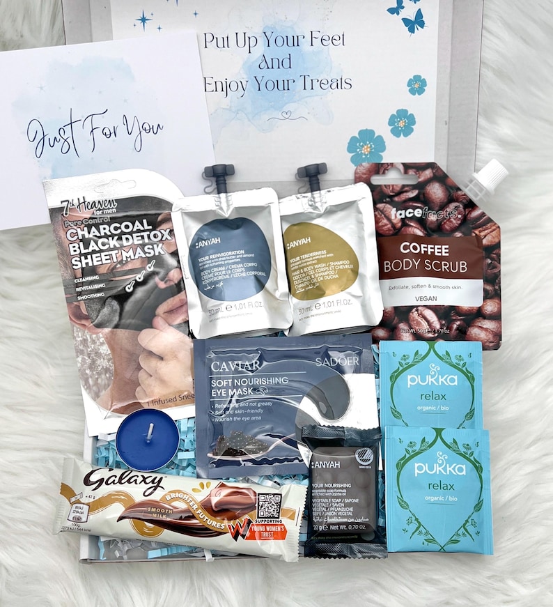 Mens Pamper Gift Box Birthday Box for Men Self Care Package for Him Fathers Day Pick Me Up Thinking of You Personalised Letterbox Gift Midi Teas