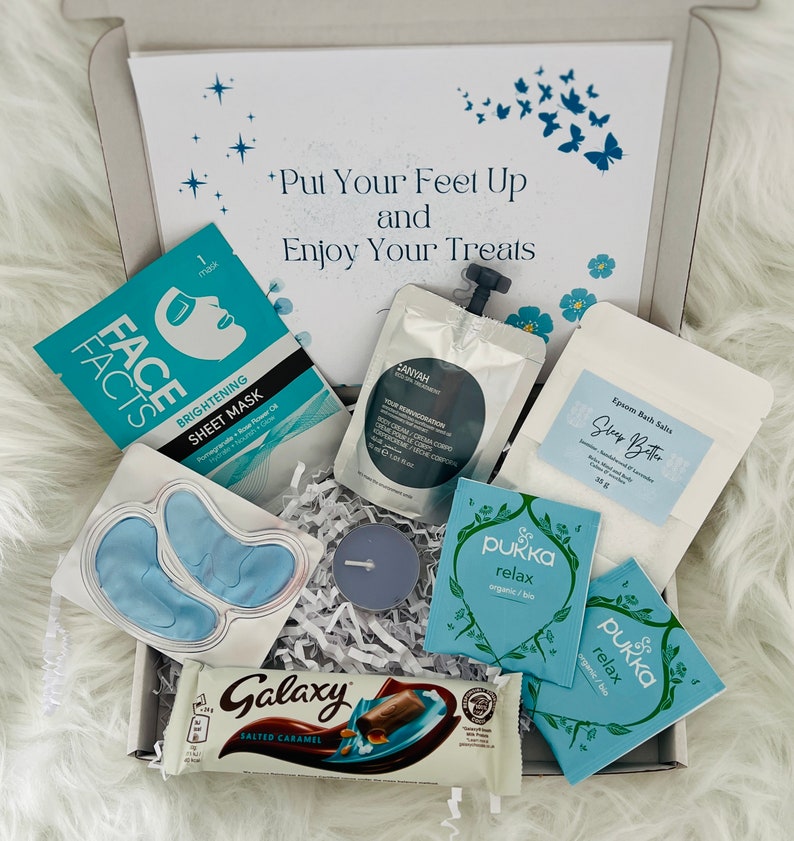 Pamper Gift Box For Her Birthday Relax Pamper Hamper Self Care Package Hug in a Box Pick Me Up Thinking of You Personalised Letterbox Gift BLUE