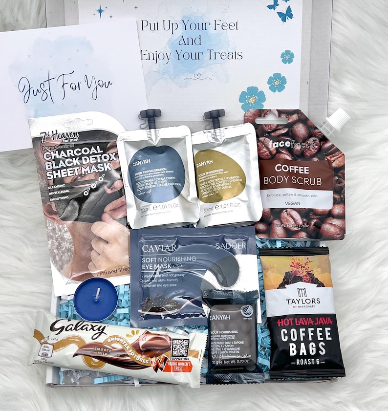 Mens Pamper Gift Box Birthday Box for Men Self Care Package for Him Fathers Day Pick Me Up Thinking of You Personalised Letterbox Gift Midi Coffee