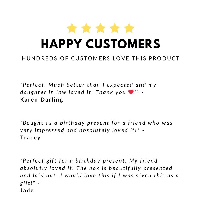 May include: A screenshot of customer reviews for a product. The reviews are positive and mention that the product is well-made and a great gift. The text includes the phrase "Happy Customers" and "Hundreds of Customers Love This Product".